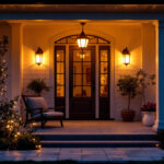 A photograph of a beautifully illuminated exterior of a house showcasing various stylish light fixtures