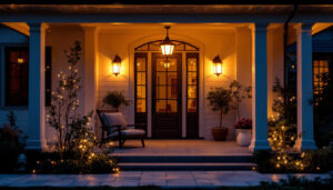 A photograph of a beautifully illuminated exterior of a house showcasing various stylish light fixtures