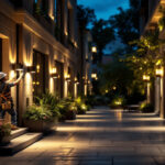 A photograph of a well-lit outdoor space featuring various types of building lights in use