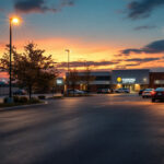 A photograph of a well-lit commercial parking lot at dusk