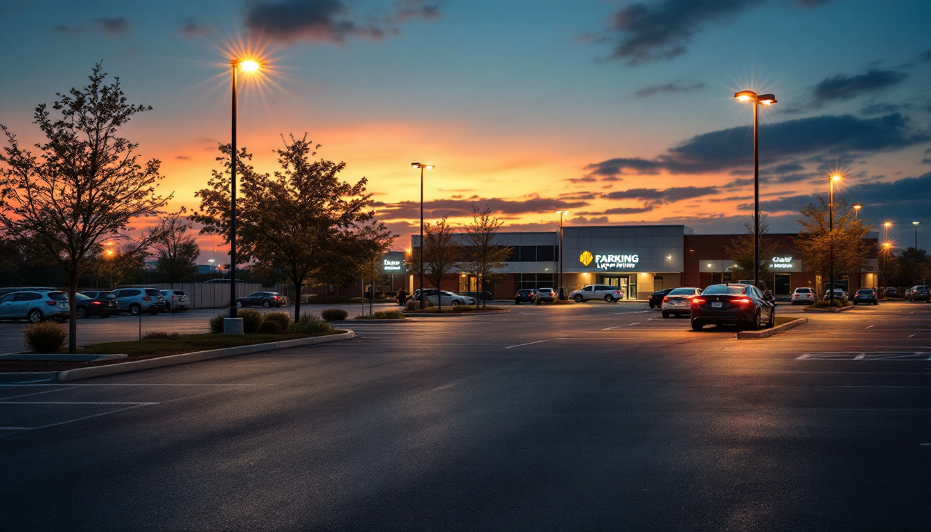 A photograph of a well-lit commercial parking lot at dusk