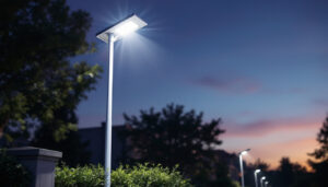 A photograph of a solar-powered light pole installed in a well-lit outdoor setting