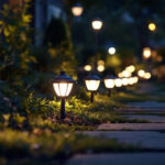 A photograph of a well-lit outdoor space showcasing solar-powered led lights illuminating a pathway or garden