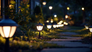 A photograph of a well-lit outdoor space showcasing solar-powered led lights illuminating a pathway or garden