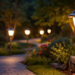 A photograph of a beautifully illuminated outdoor setting featuring a variety of solar post lamps in action