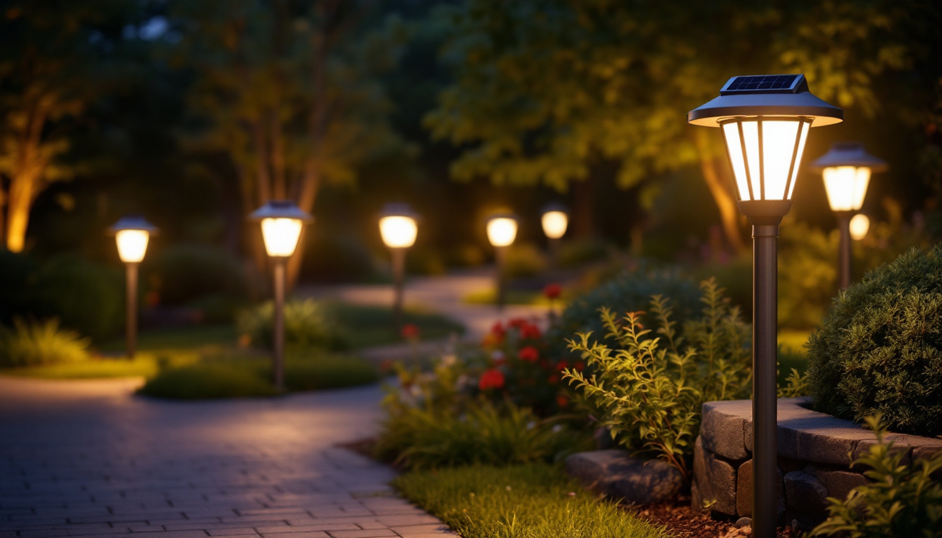A photograph of a beautifully illuminated outdoor setting featuring a variety of solar post lamps in action