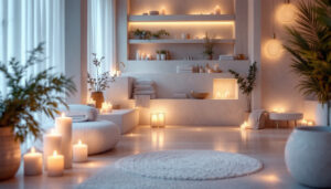A photograph of a beautifully designed spa interior featuring soft