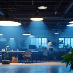 A photograph of a well-lit industrial workspace showcasing various led light fixtures in use