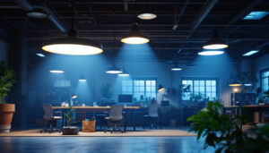 A photograph of a well-lit industrial workspace showcasing various led light fixtures in use