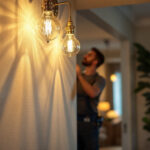 A photograph of a skilled lighting contractor installing elegant residential lighting fixtures in a beautifully designed living space