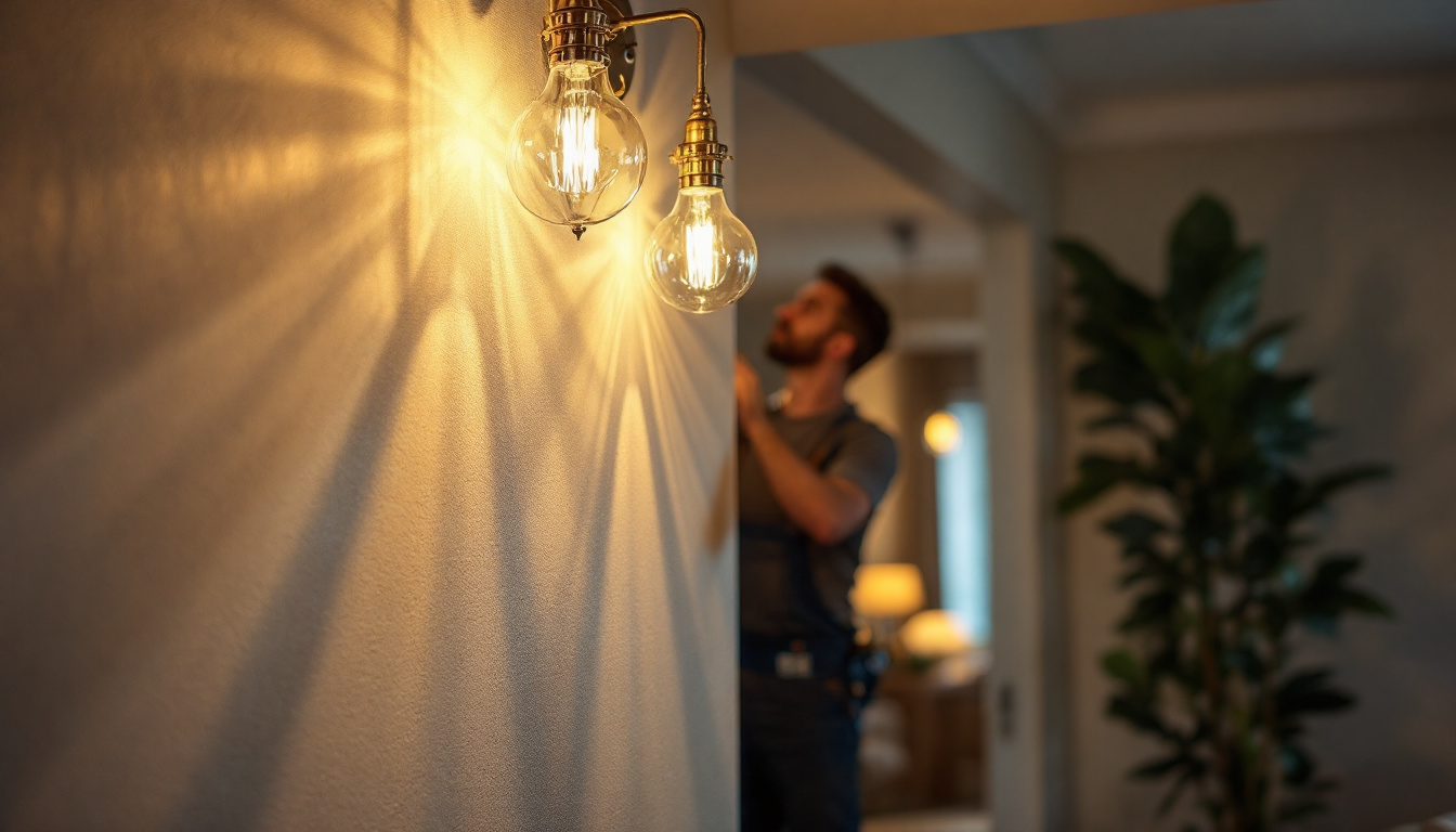 A photograph of a skilled lighting contractor installing elegant residential lighting fixtures in a beautifully designed living space