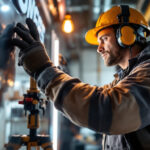A photograph of a lighting contractor at work
