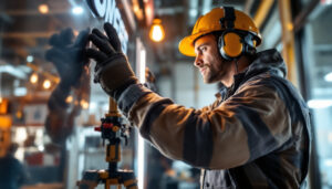 A photograph of a lighting contractor at work