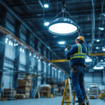 A photograph of a lighting contractor installing high bay led lights in a large industrial space