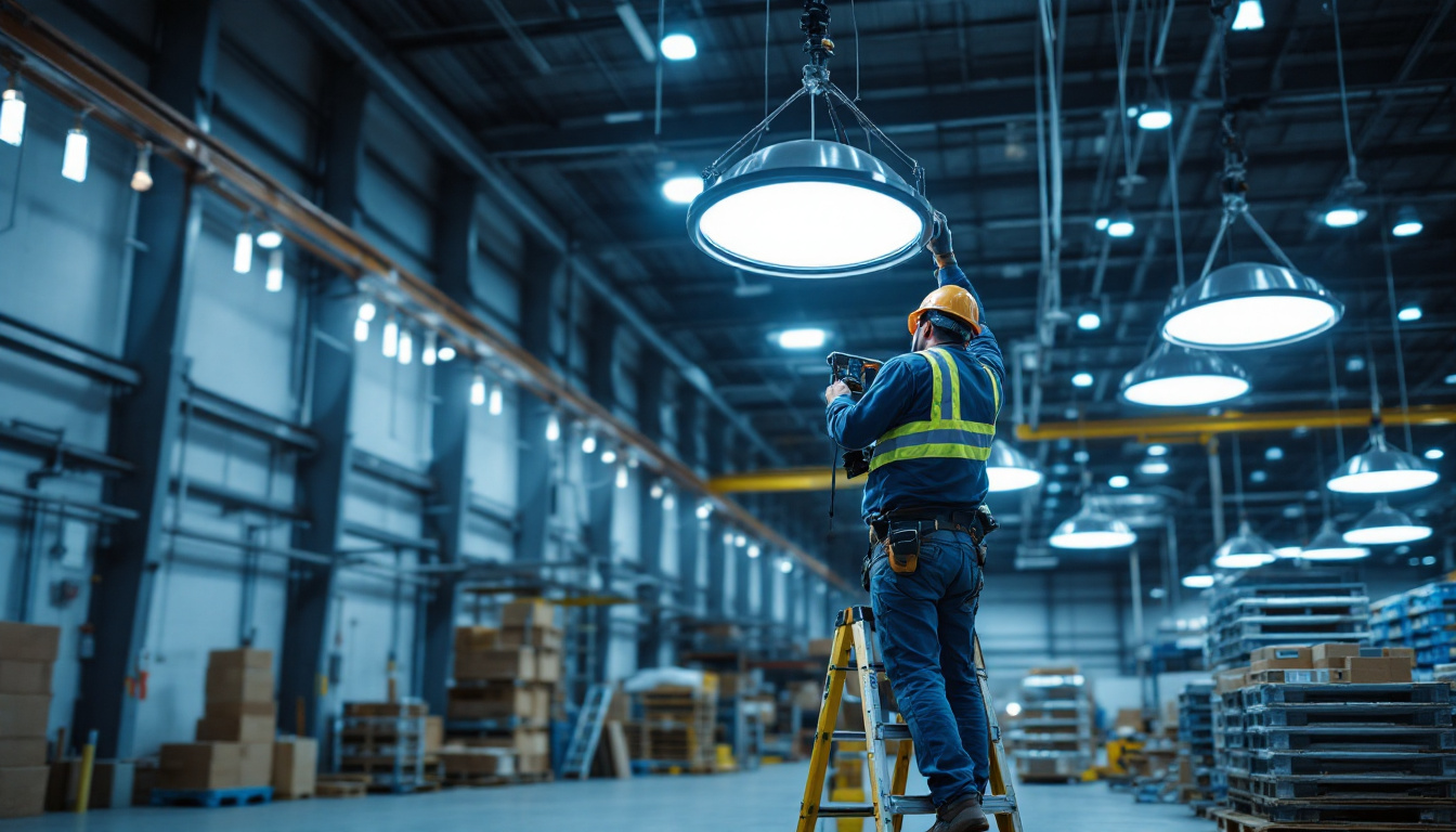 A photograph of a lighting contractor installing high bay led lights in a large industrial space