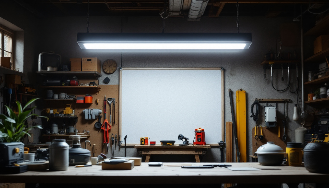 A photograph of a well-lit workshop or garage space featuring an 8-foot led shop light in action
