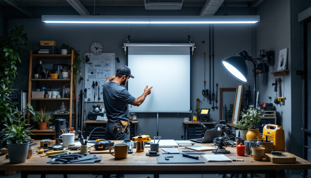 A photograph of a well-lit workspace featuring an 8ft led light installation