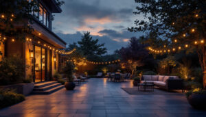 A photograph of a beautifully illuminated outdoor space at dusk