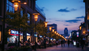 A photograph of a bustling urban street at dusk