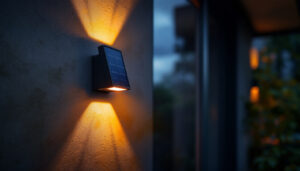 A photograph of a solar wall light installed on an exterior wall
