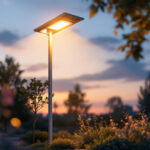 A photograph of a well-lit outdoor scene featuring a modern light pole equipped with solar panels