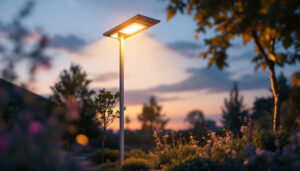 A photograph of a well-lit outdoor scene featuring a modern light pole equipped with solar panels