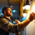 A photograph of a skilled lighting contractor at work