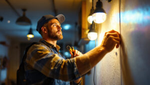 A photograph of a skilled lighting contractor at work