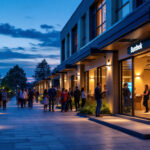 A photograph of a well-lit commercial outdoor space at dusk