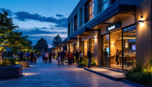 A photograph of a well-lit commercial outdoor space at dusk