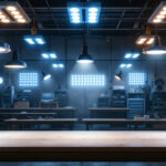 A photograph of a well-lit industrial workspace showcasing various industrial led lights in action
