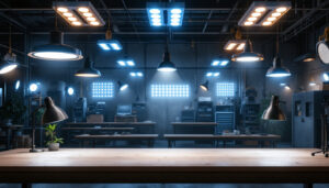 A photograph of a well-lit industrial workspace showcasing various industrial led lights in action