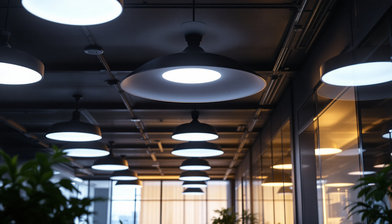 A photograph of a well-lit office space featuring modern ceiling lights