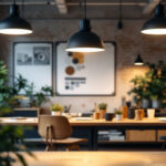 A photograph of a well-lit workspace showcasing high hat lighting fixtures in use