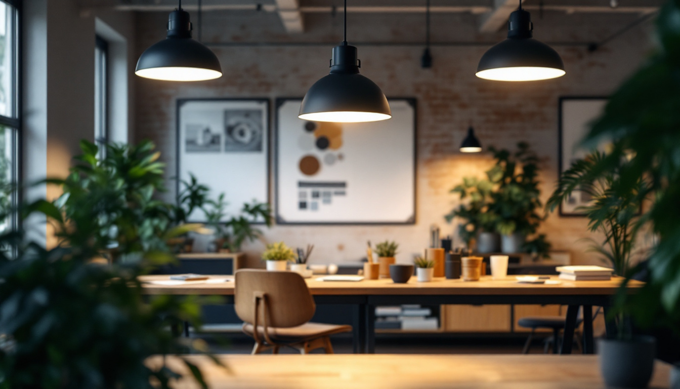 A photograph of a well-lit workspace showcasing high hat lighting fixtures in use