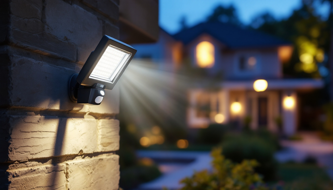 A photograph of a solar motion sensor flood light installed in a residential or commercial outdoor setting