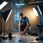 A photograph of a skilled lighting contractor in action