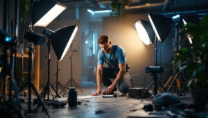A photograph of a skilled lighting contractor in action