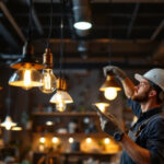 A photograph of a well-lit workshop or retail space featuring stylish hanging shop lights