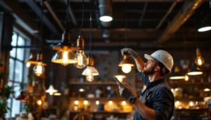 A photograph of a well-lit workshop or retail space featuring stylish hanging shop lights