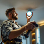 A photograph of a skilled lighting contractor installing recessed led lights in a modern home setting