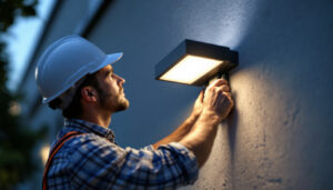 A photograph of a professional lighting contractor installing a sleek