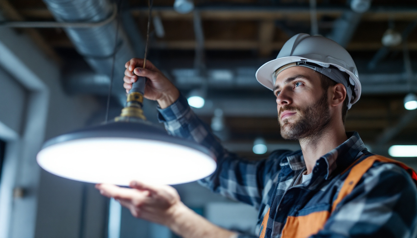 A photograph of a lighting contractor installing wafer led lights in a commercial setting