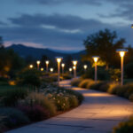 A photograph of a beautifully illuminated outdoor setting featuring solar lights installed on various posts