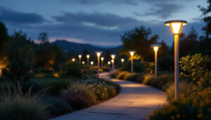 A photograph of a beautifully illuminated outdoor setting featuring solar lights installed on various posts