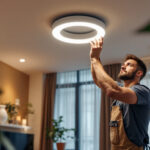 A photograph of a skilled lighting contractor installing a recessed light trim ring in a stylish interior space