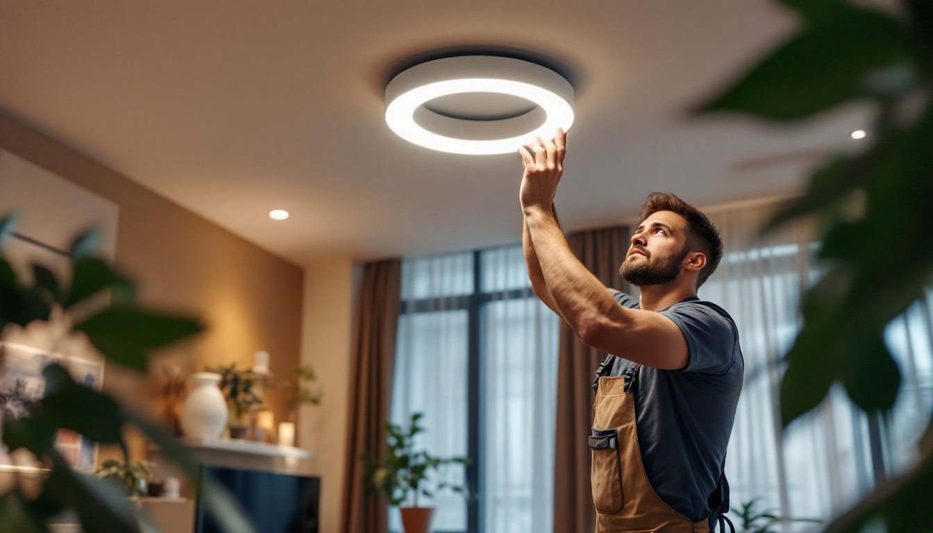 A photograph of a skilled lighting contractor installing a recessed light trim ring in a stylish interior space
