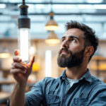 A photograph of a lighting contractor examining a t5 and t8 fluorescent bulb side by side in a well-lit workspace