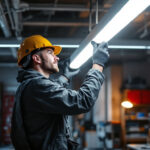 A photograph of a well-lit workspace showcasing an electrician or lighting contractor installing eight-foot led lights in a commercial setting