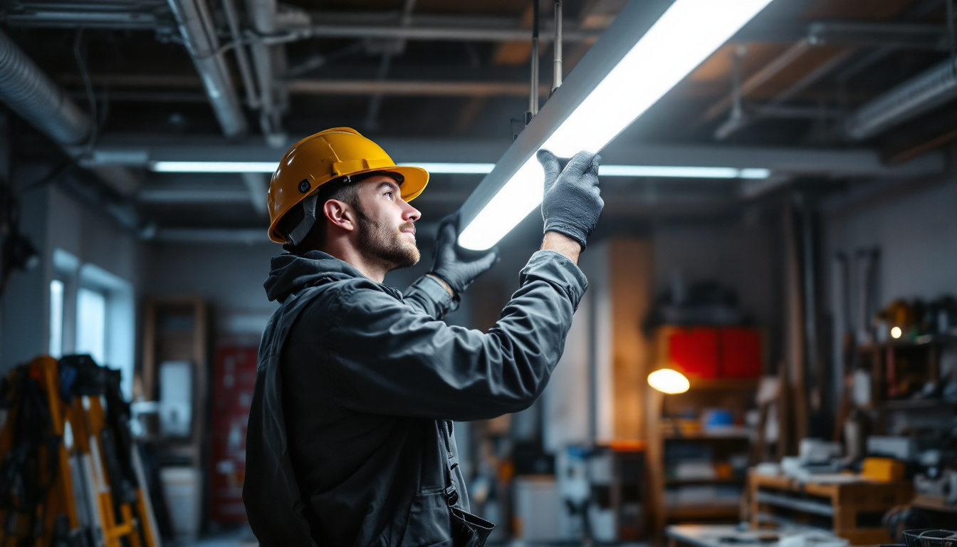 A photograph of a well-lit workspace showcasing an electrician or lighting contractor installing eight-foot led lights in a commercial setting